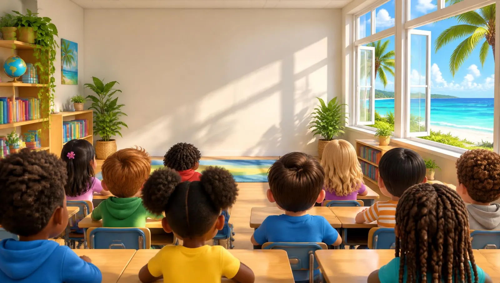Sunny classroom by the ocean with kids of every color